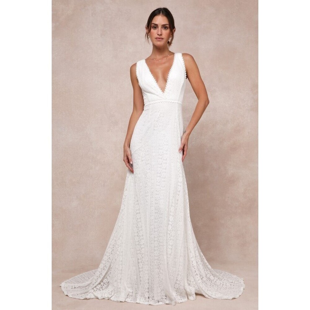 Lulus Infinite Bliss Ivory Lace Sleeveless Backless Trumpet Maxi Dress White